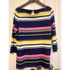 Lilly Pulitzer Womens Pima Cotton Striped Boatneck Top Navy Pink Yellow L 004560